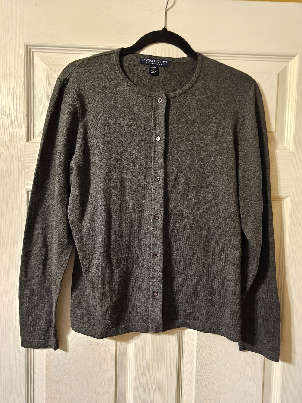 Port Authority Ladies Charcoal Gray Crewneck Button-Front Cardigan